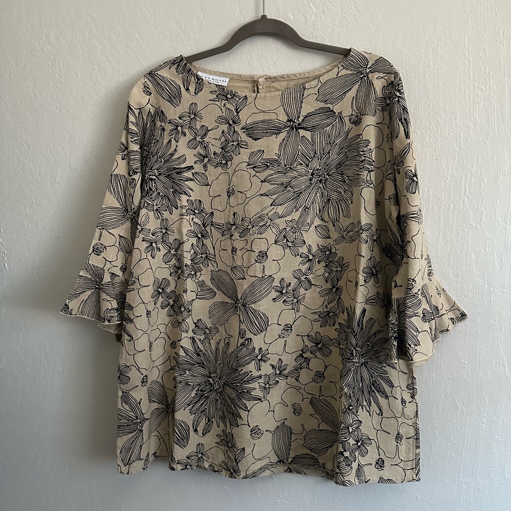 bryn Walker Beige and Black Floral Boxy Tunic with Ruffled Sleeves